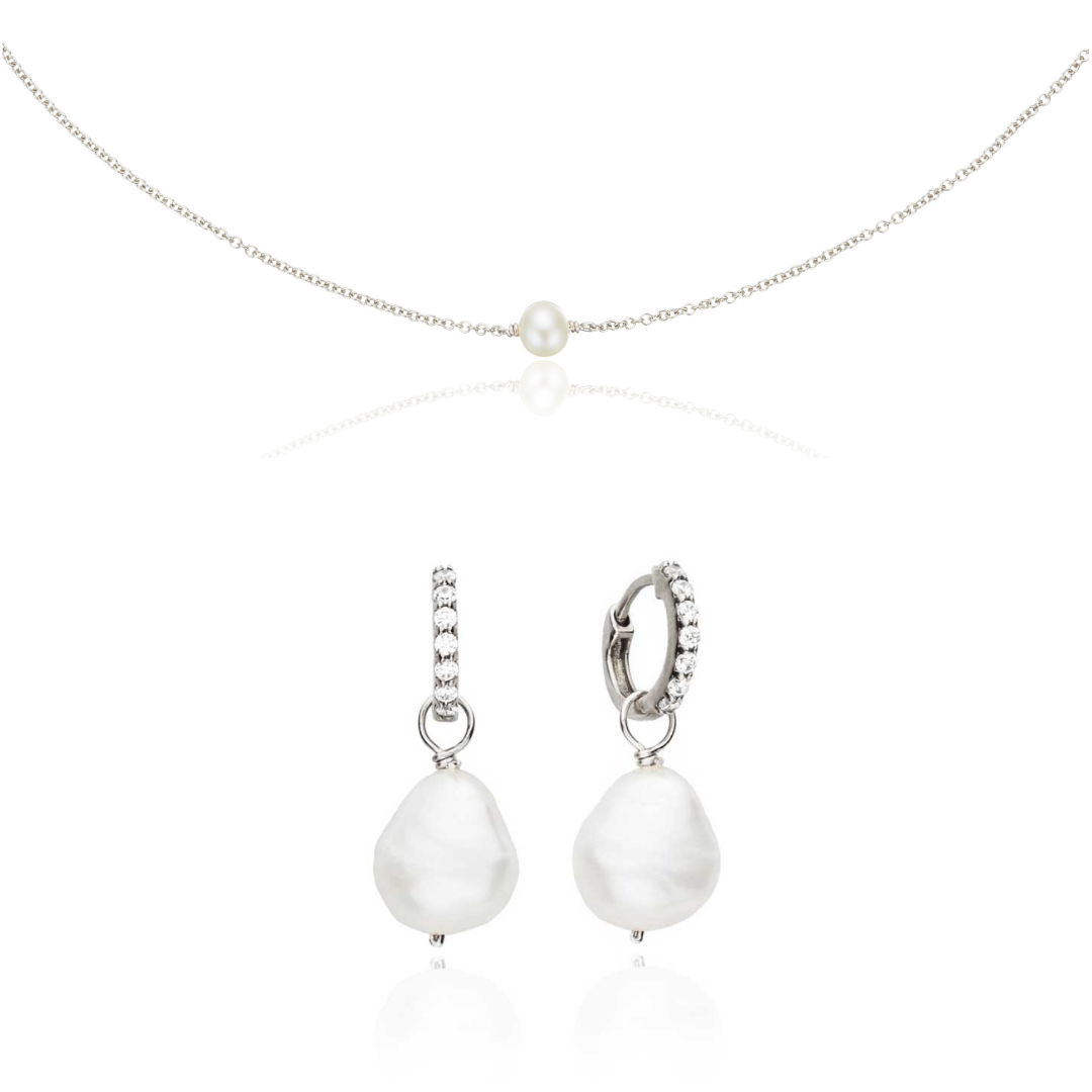 Silver Pearl Drop Huggies and Single Pearl Choker Set