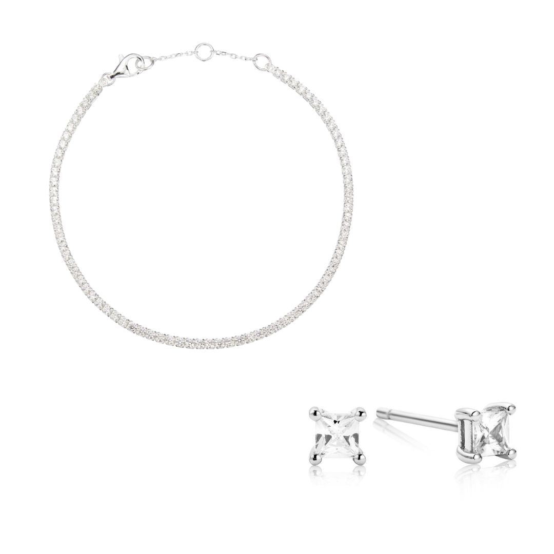 Silver Tennis Bracelet and Princess Diamond Style Stud Earrings Gift Set