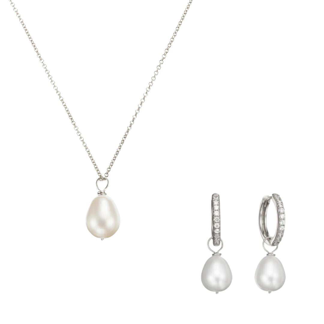 Silver Diamond Style Large Pearl Hoops and Large Pearl Necklace Gift Set