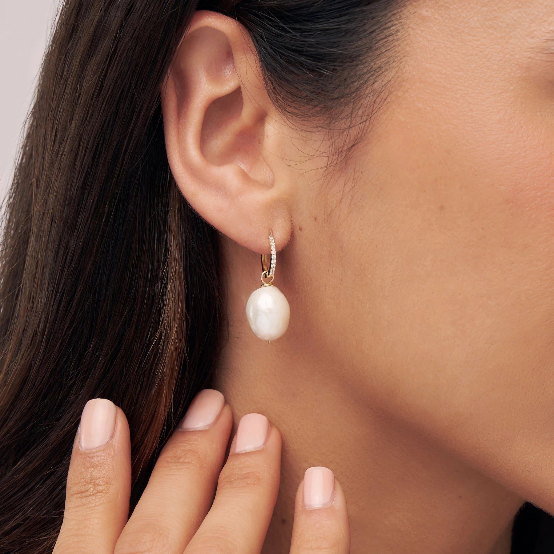Gold Diamond Style Slim Baroque Pearl Drop Huggie Hoop Earrings