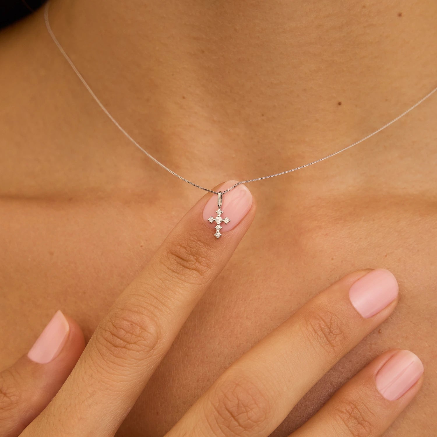 Solid White Gold Brilliant Genuine Diamond Tiny Cross Necklace