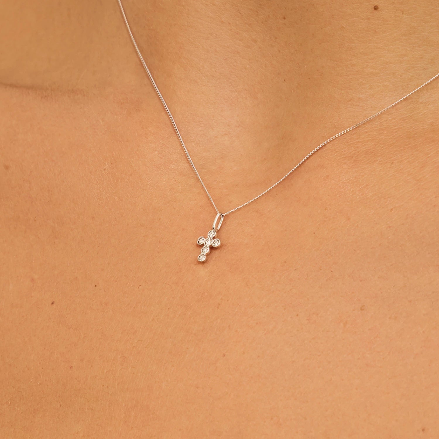 Solid White Gold Genuine Diamond Rounded Tiny Cross Necklace