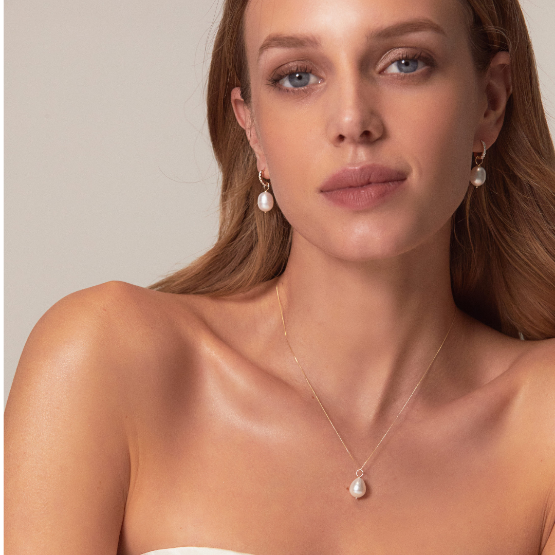 Gold Pearl Drop Huggies and Large Pearl Necklace Gift Set