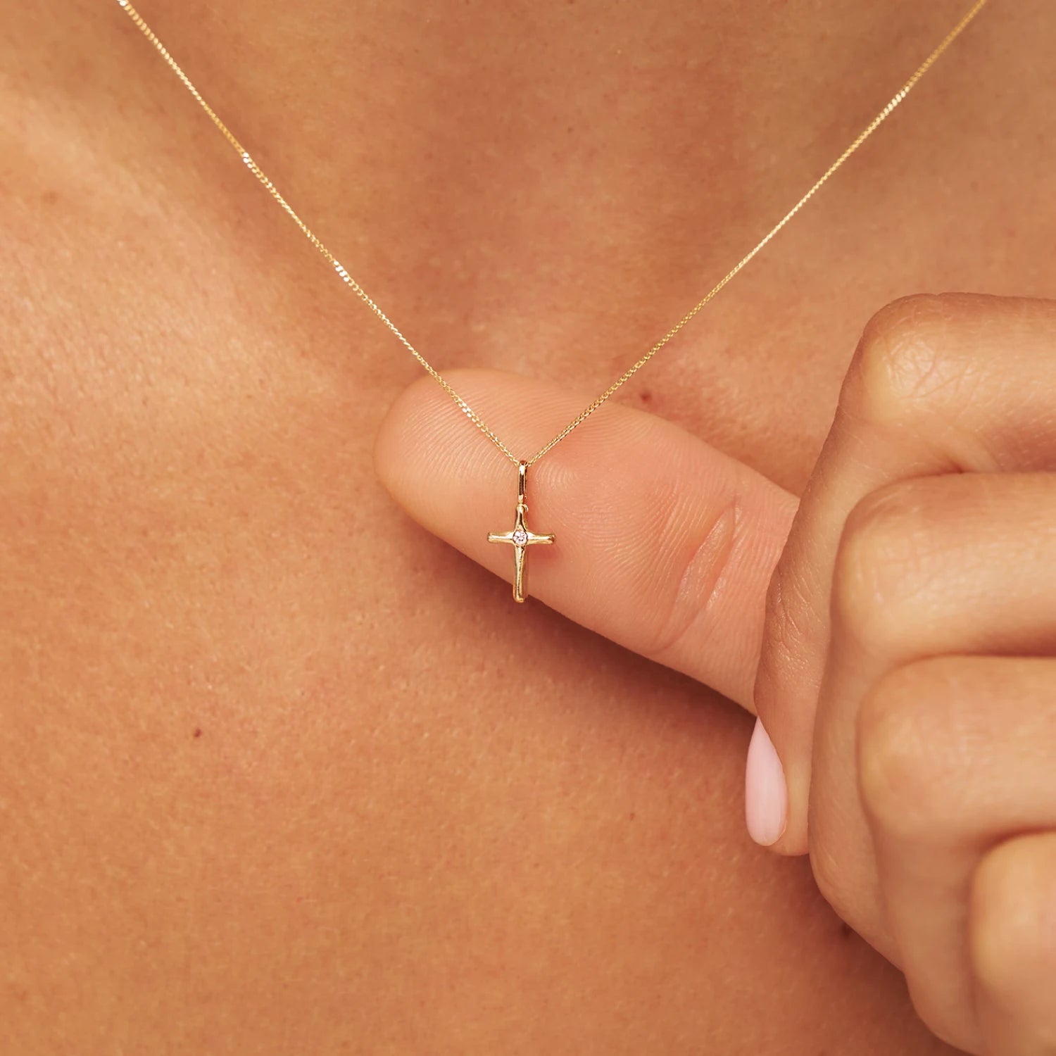 Solid Gold Single Genuine Diamond Tiny Cross Necklace