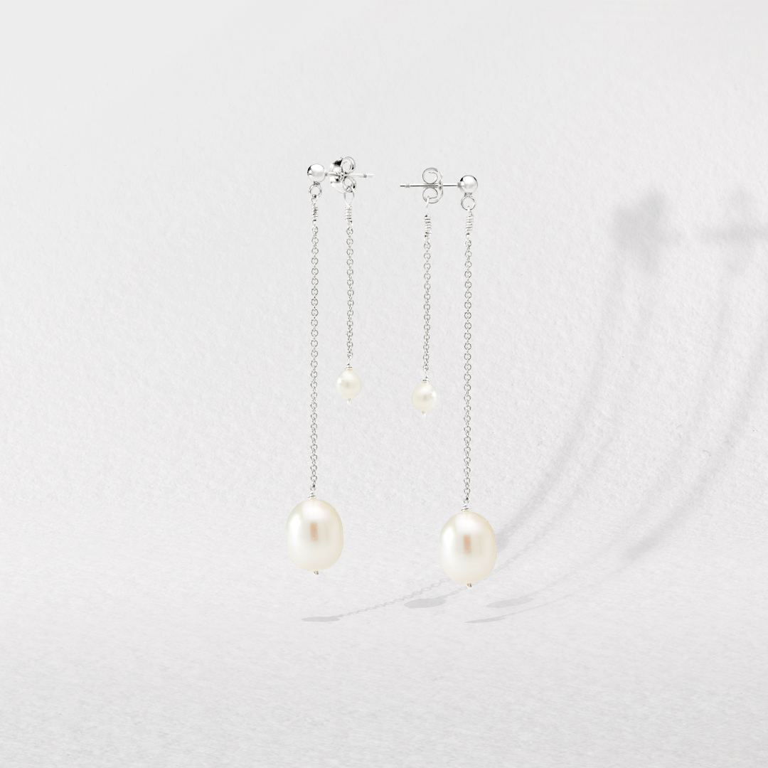 Solid White Gold Layered Large and Small Pearl Earrings