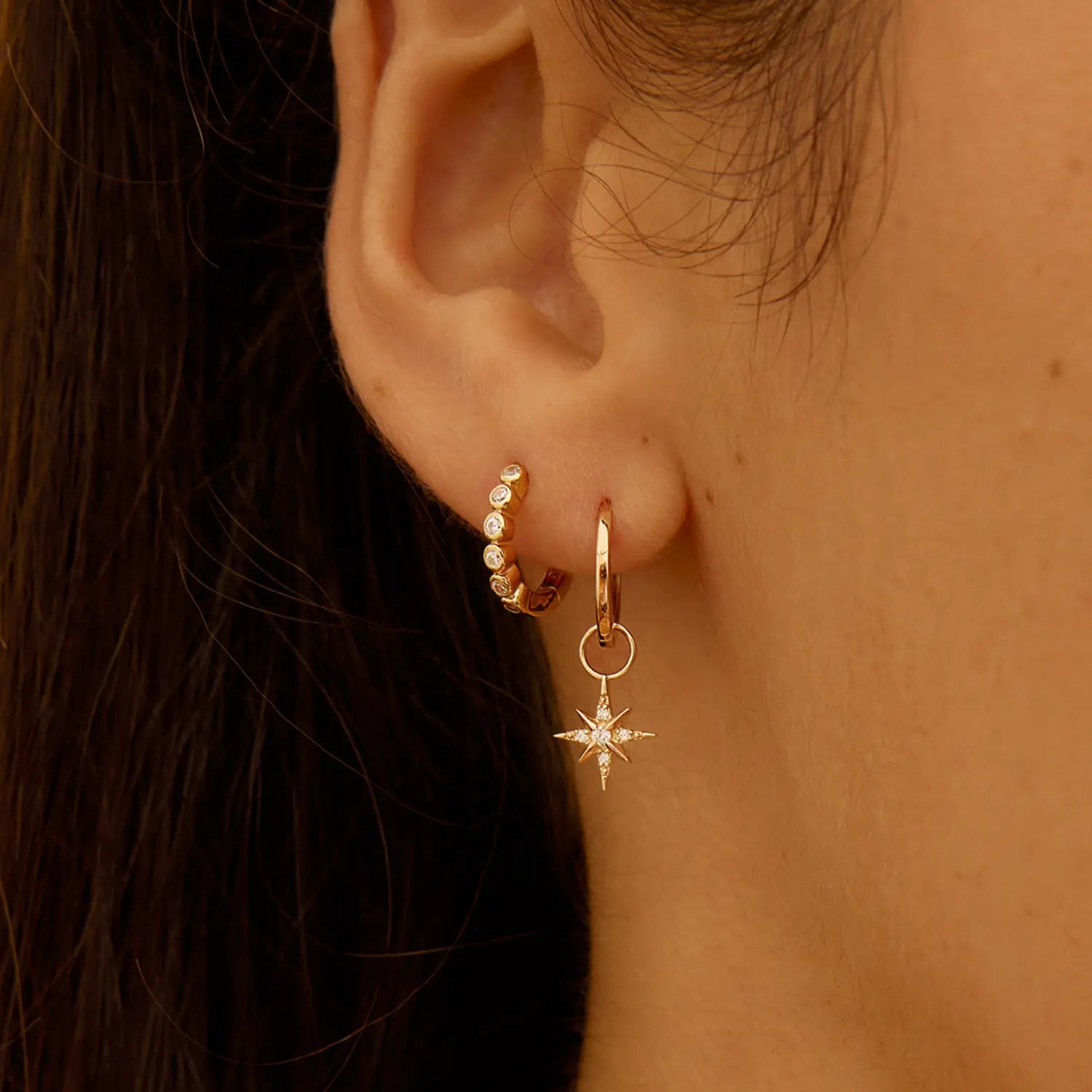 Silver Diamond Style North Star Hoop Earrings