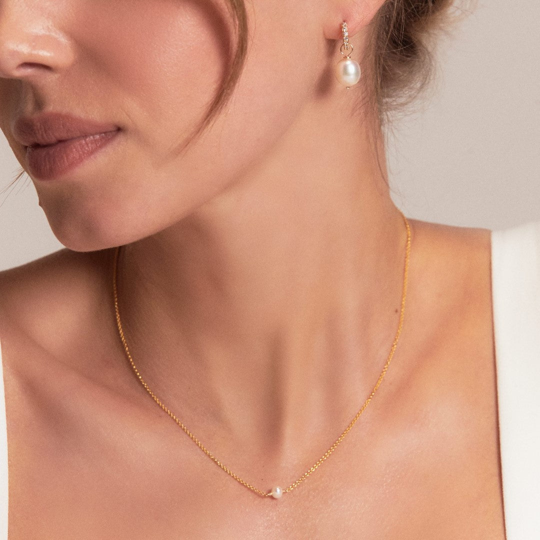 Gold Pearl Drop Huggies and Single Pearl Choker Gift Set