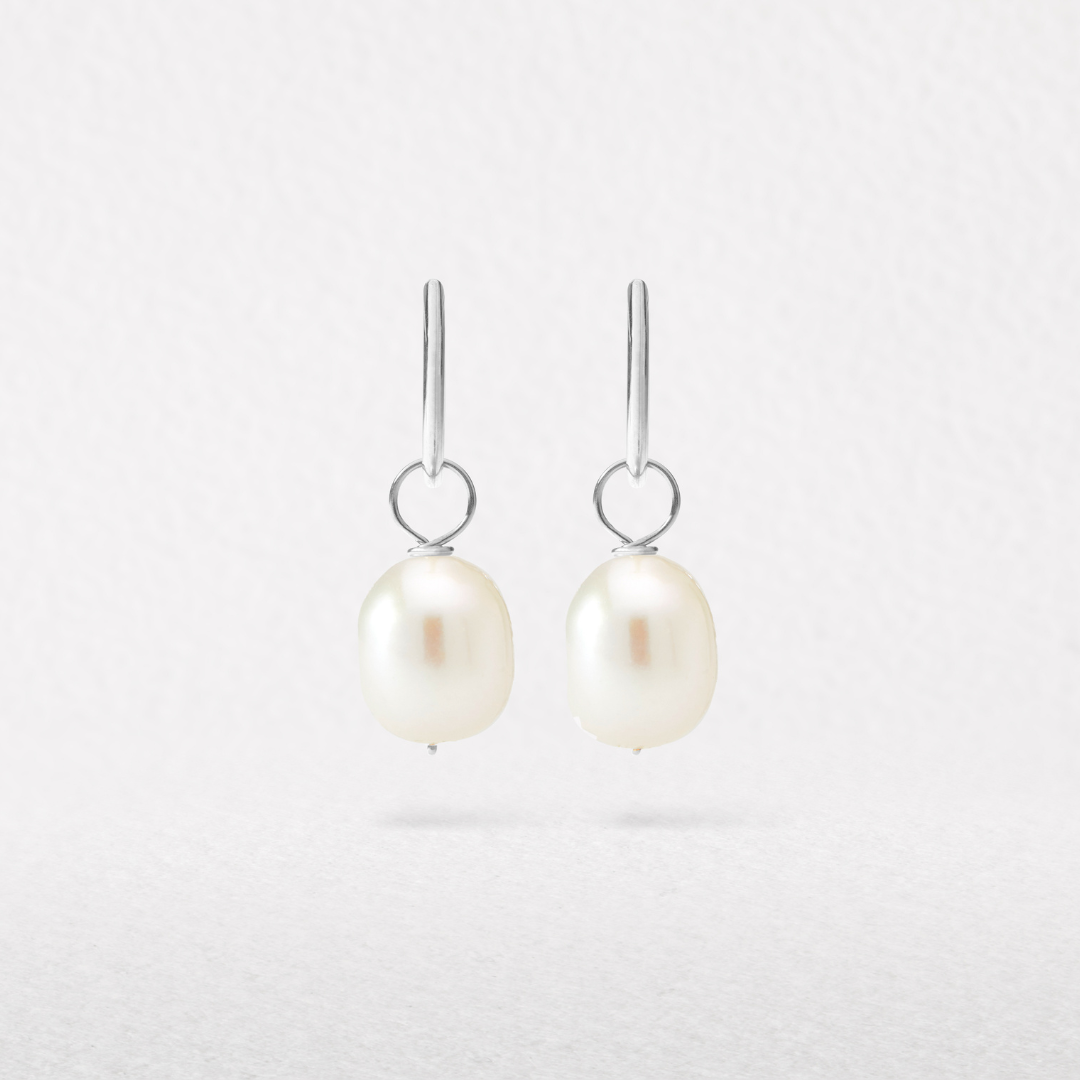 Silver Large Pearl Drop Hoop Earrings