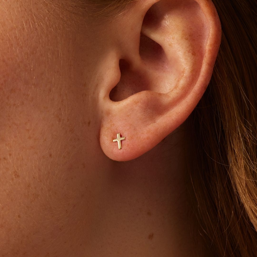 Gold Tiny Cross Stud Earrings