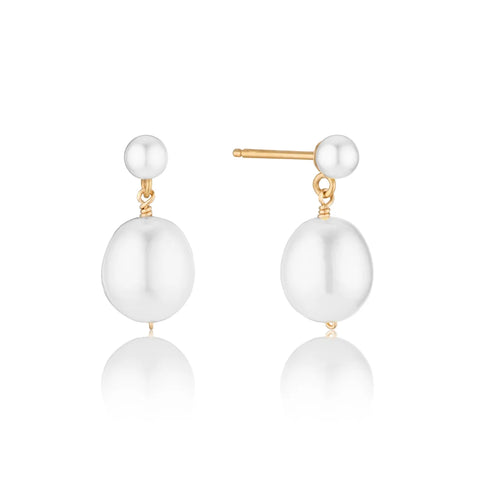 Gold Double Pearl Drop Stud Earrings