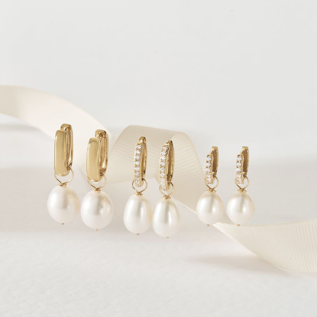 Gold Diamond Style Large Pearl Drop Hoop Earrings