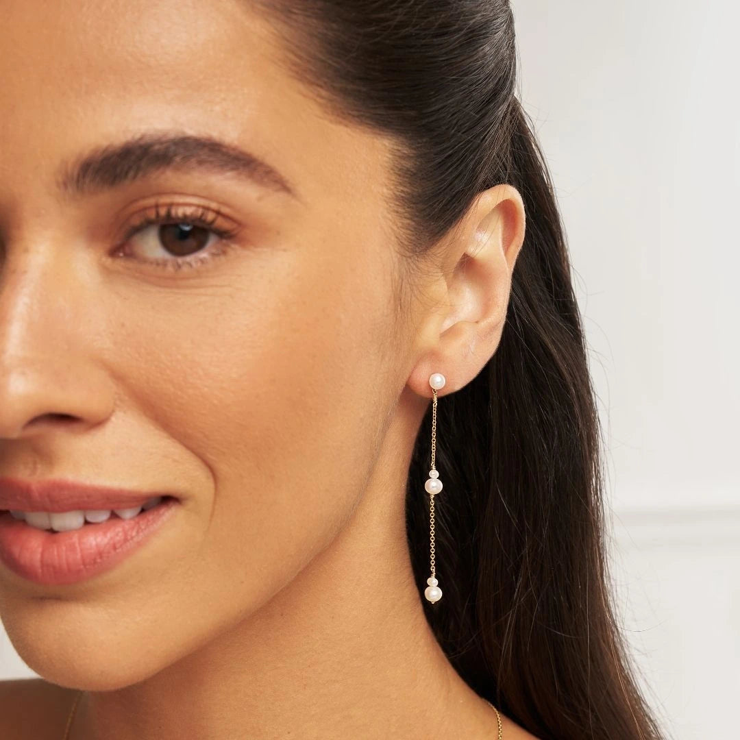 Gold Three Pearl Drop Earrings