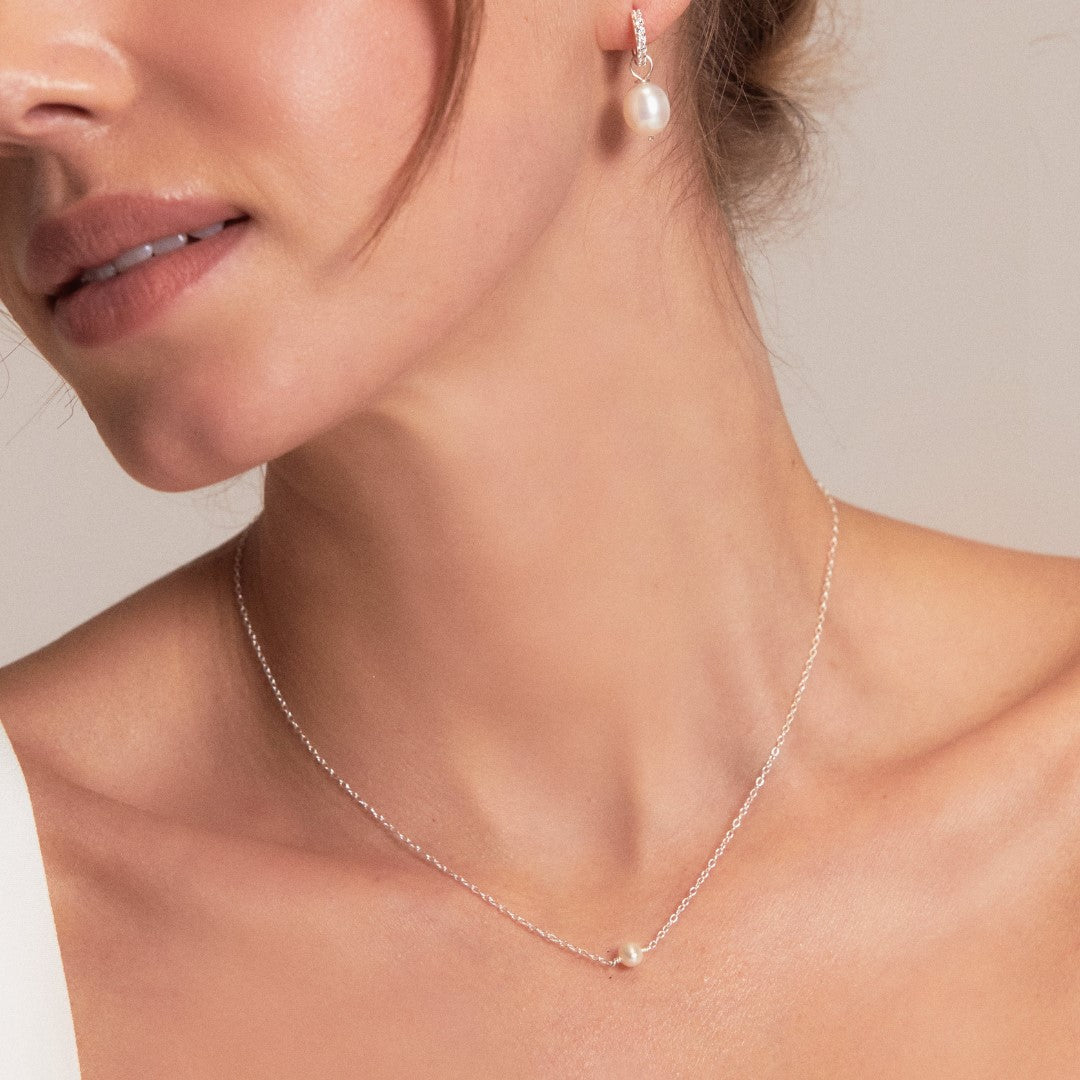 Silver Pearl Drop Huggies and Single Pearl Choker Gift Set