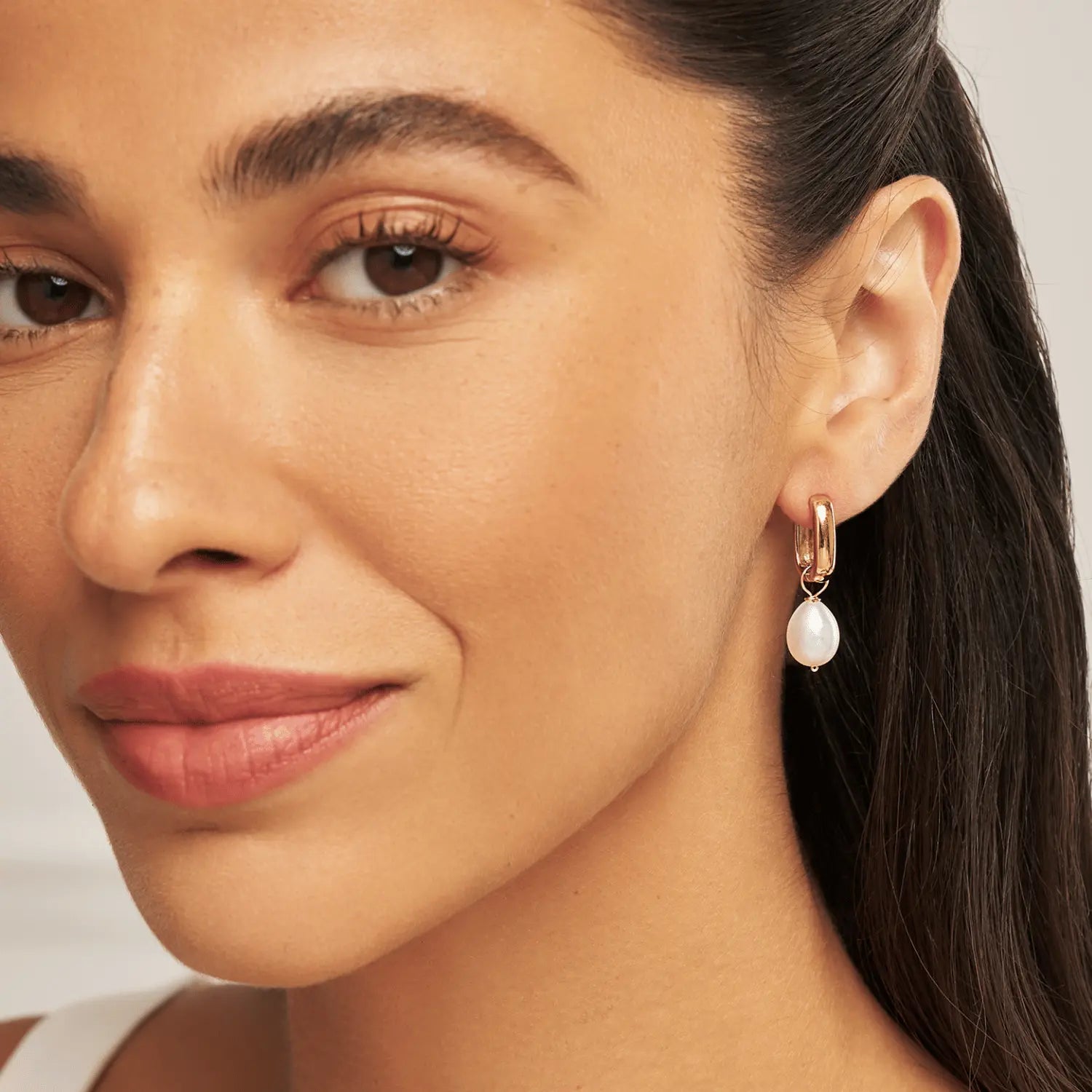 Gold Thick Squared Hoop Pearl Drop Earrings