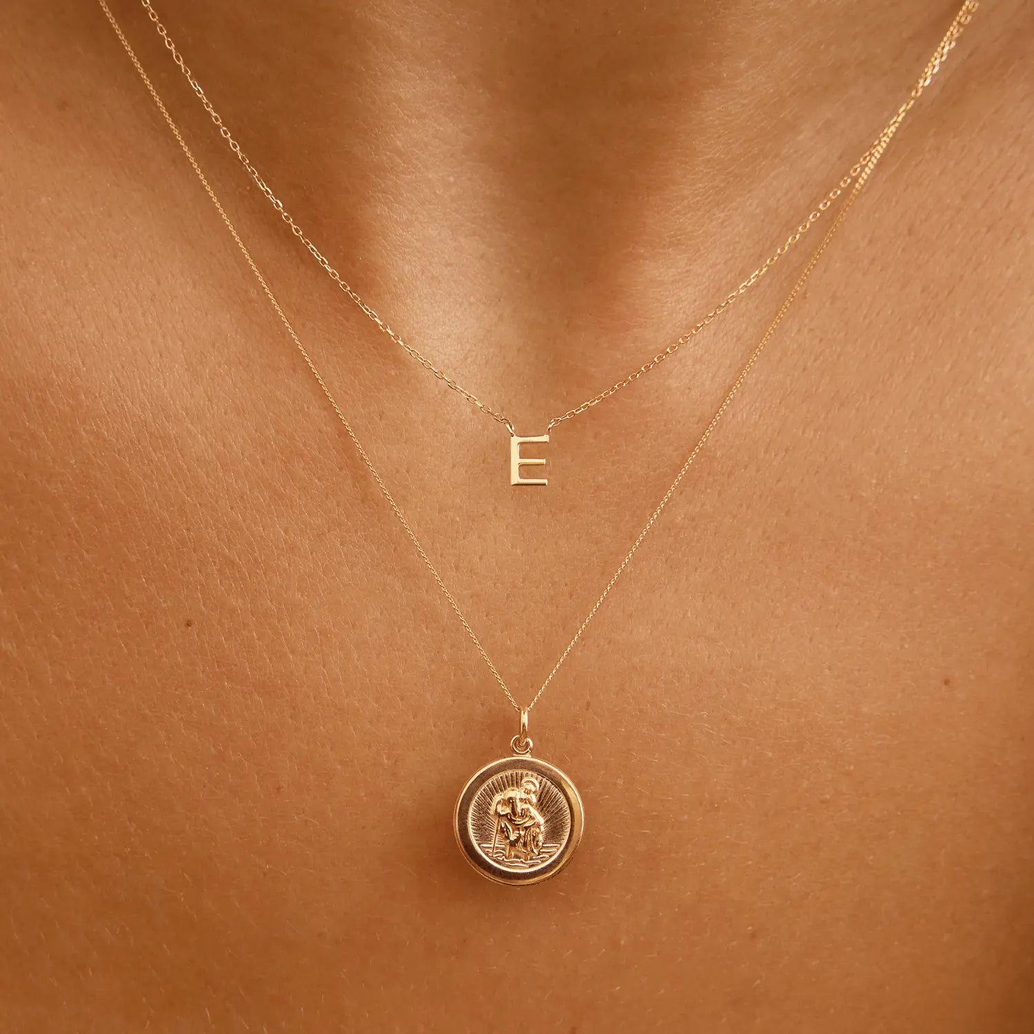 Solid Gold Small Round St Christopher Medallion Necklace