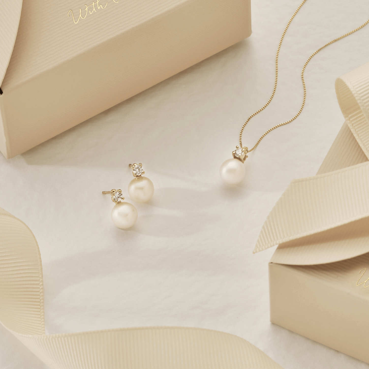 Gold Diamond Style and Pearl Stud Earrings and Necklace Gift Set