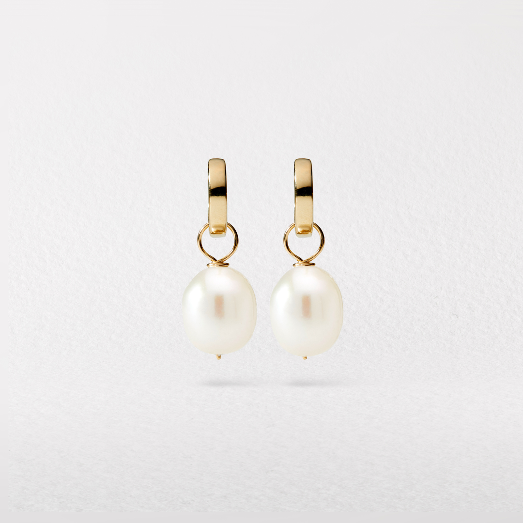 Gold Plain Huggie Pearl Drop Hoop Earrings