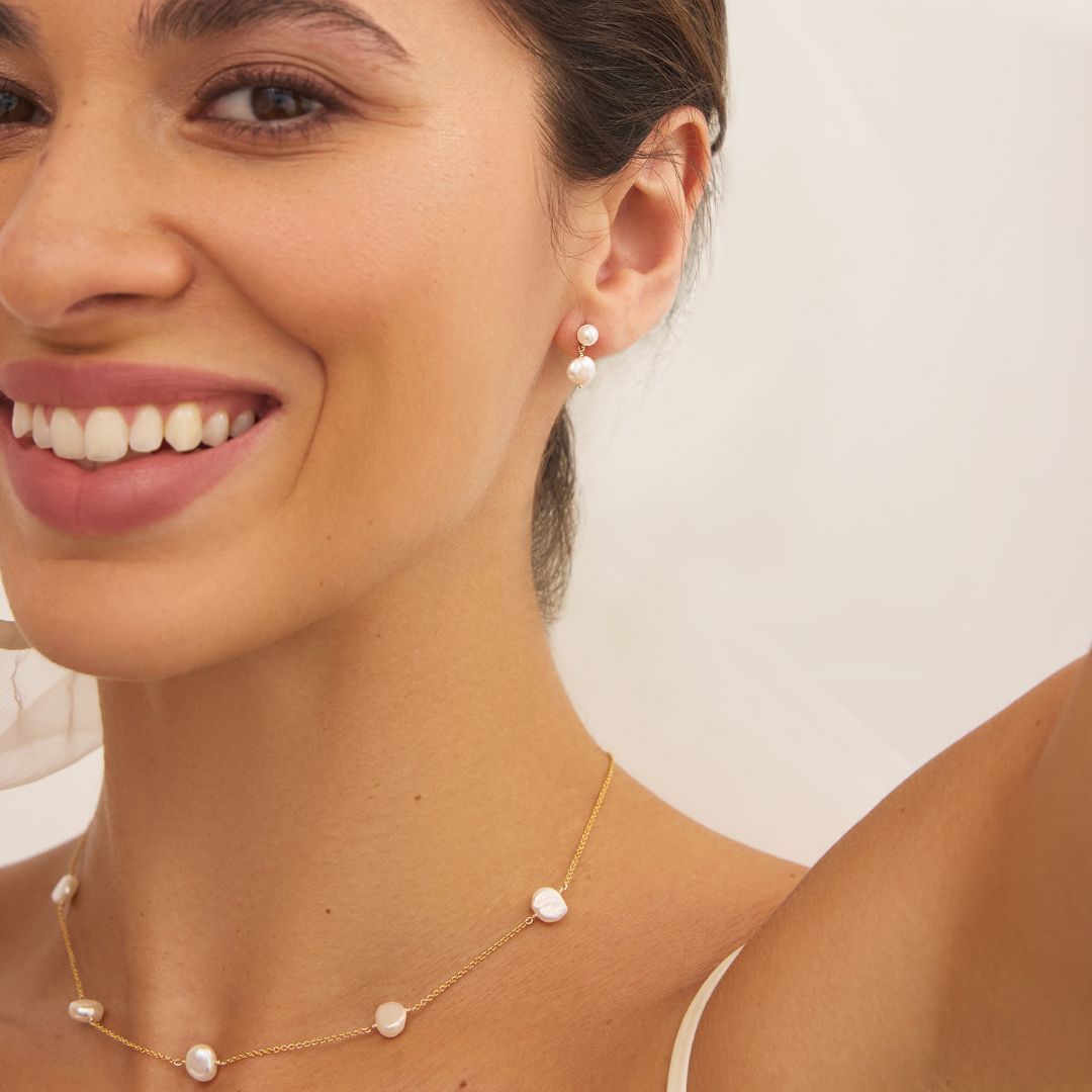 Gold Double Baroque Pearl Drop Stud Earrings