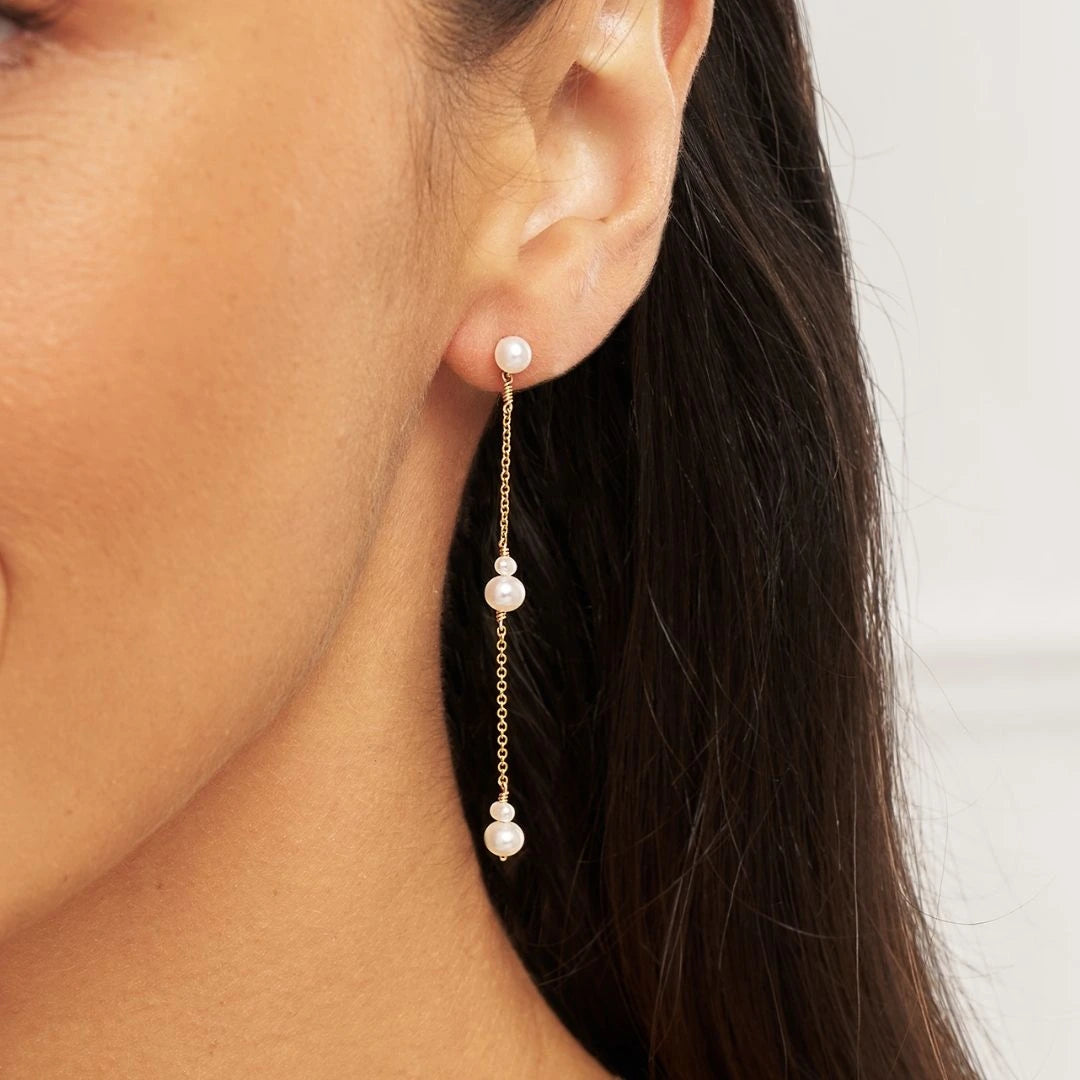 Gold Three Pearl Drop Earrings