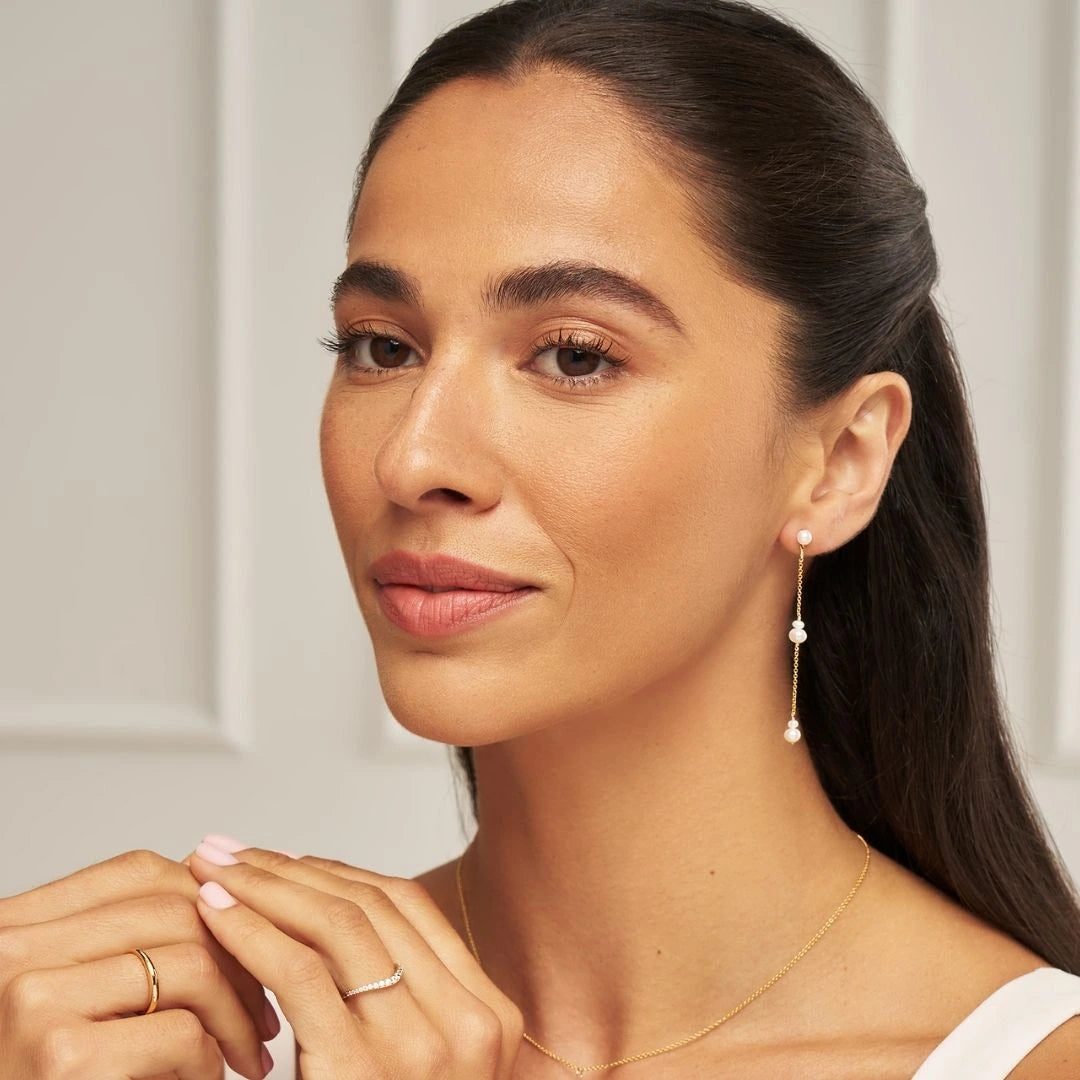 Gold Three Pearl Drop Earrings