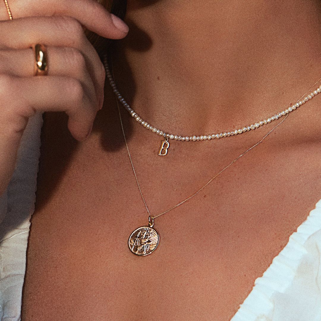 Solid Gold Medium Round St Christopher Necklace