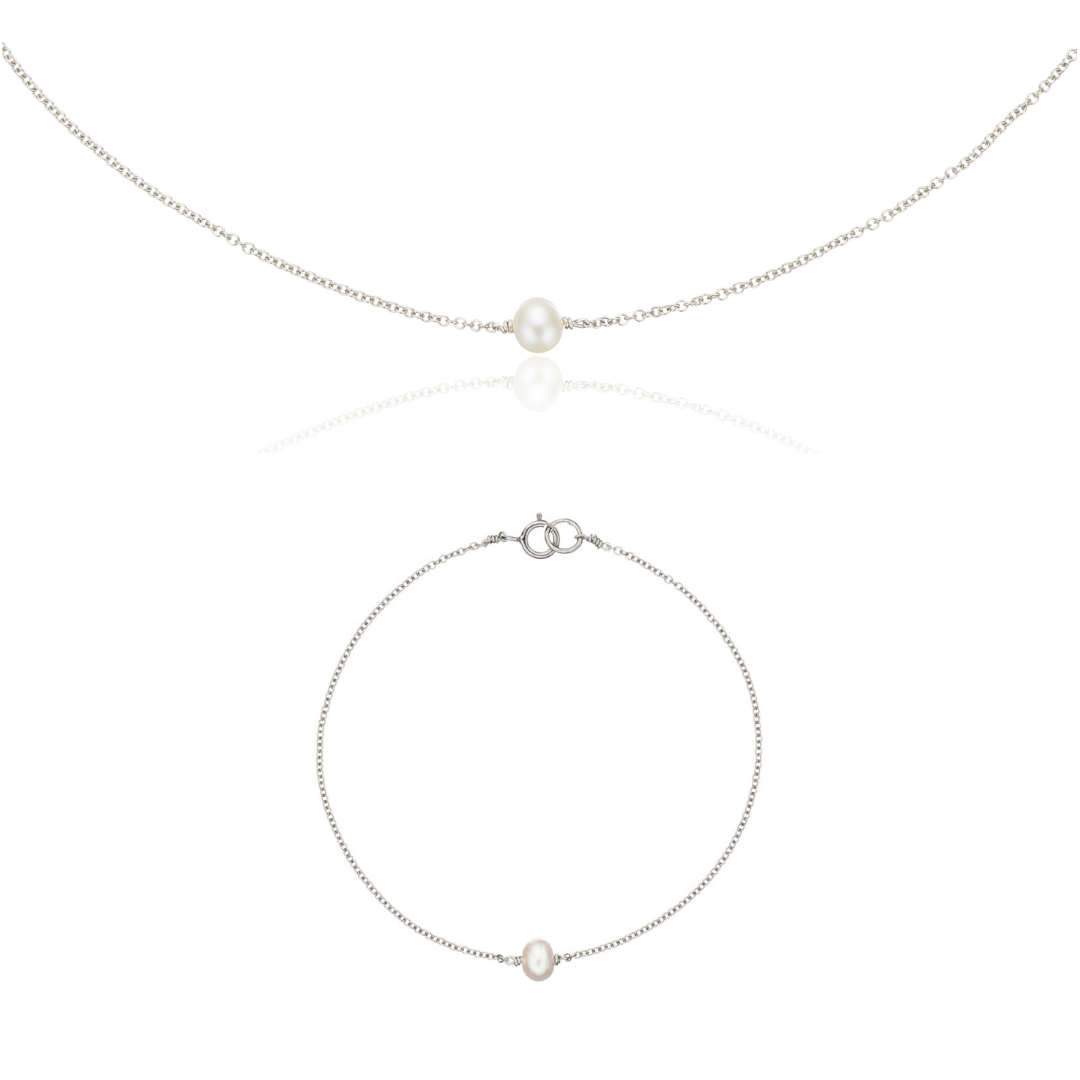 Silver Single Pearl Choker and Bracelet Set