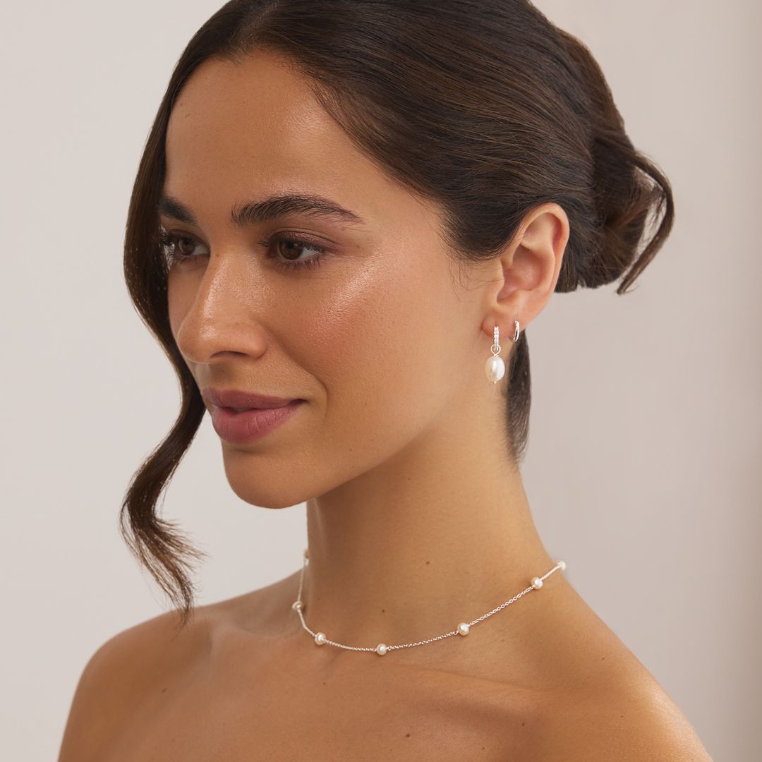 Silver Huggie Pearl Drop Earrings