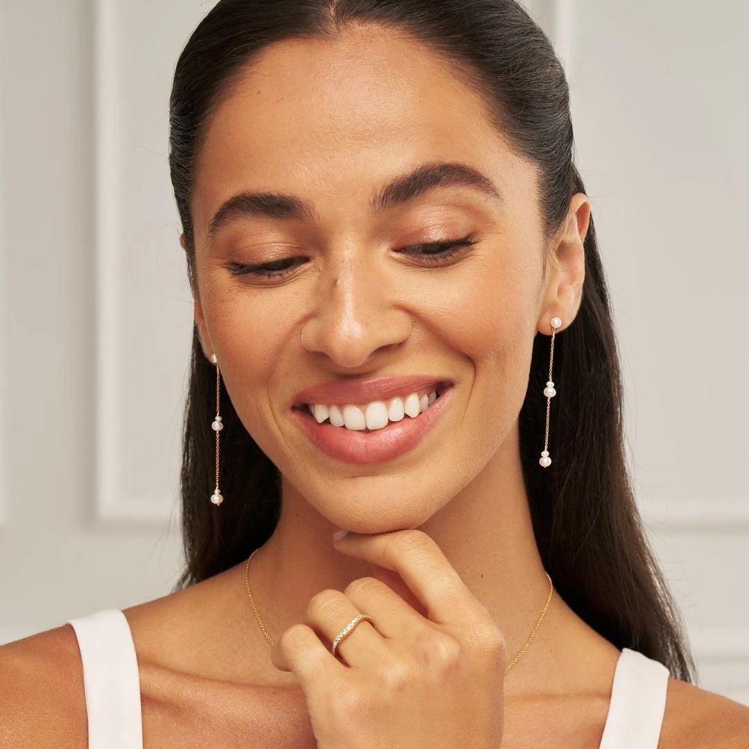 Gold Three Pearl Drop Earrings
