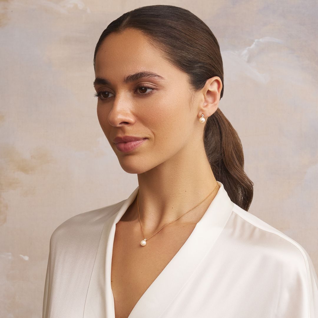 Gold Diamond Style and Pearl Stud Earrings and Necklace Gift Set