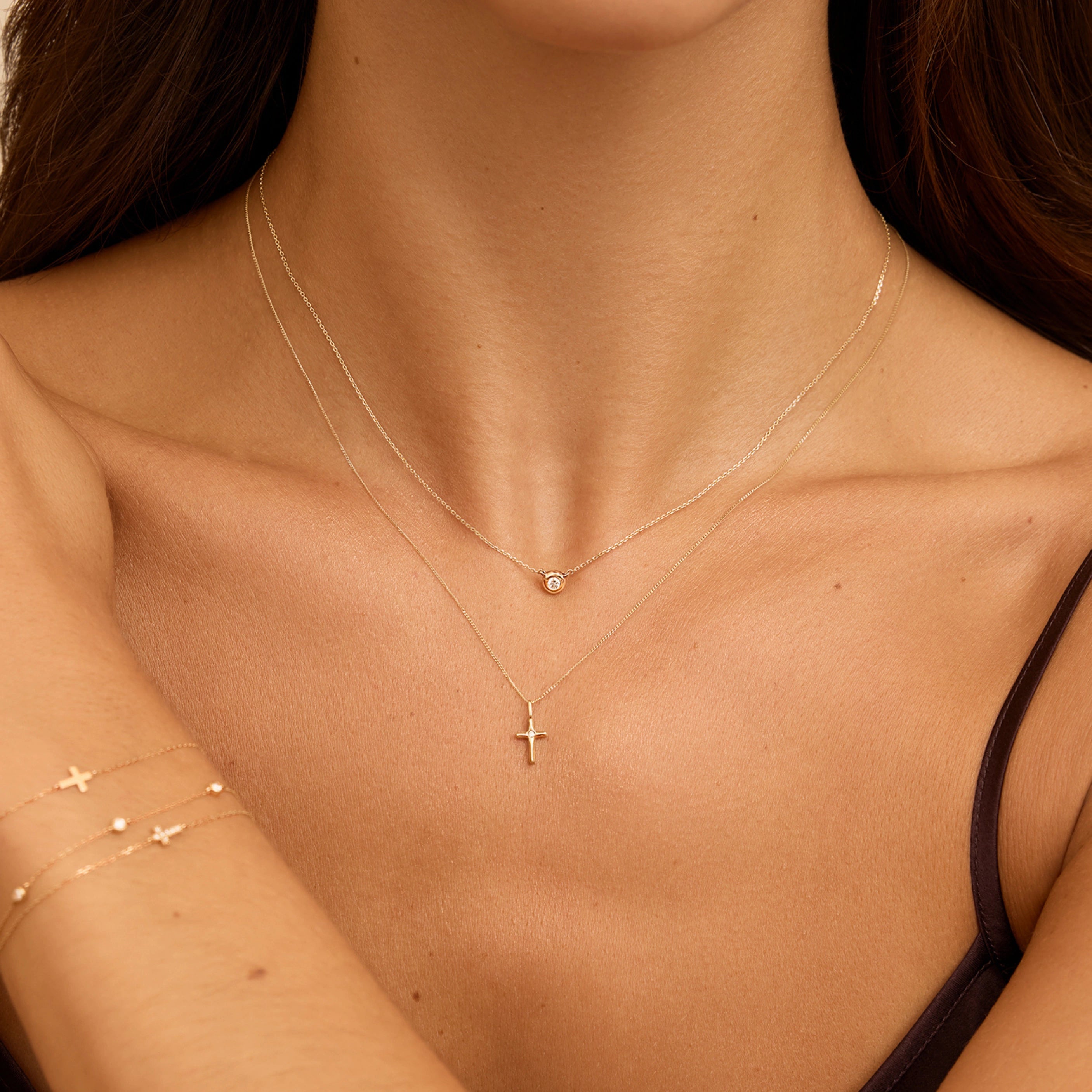 Solid Gold Individual Single Genuine Diamond Tiny Cross Charm