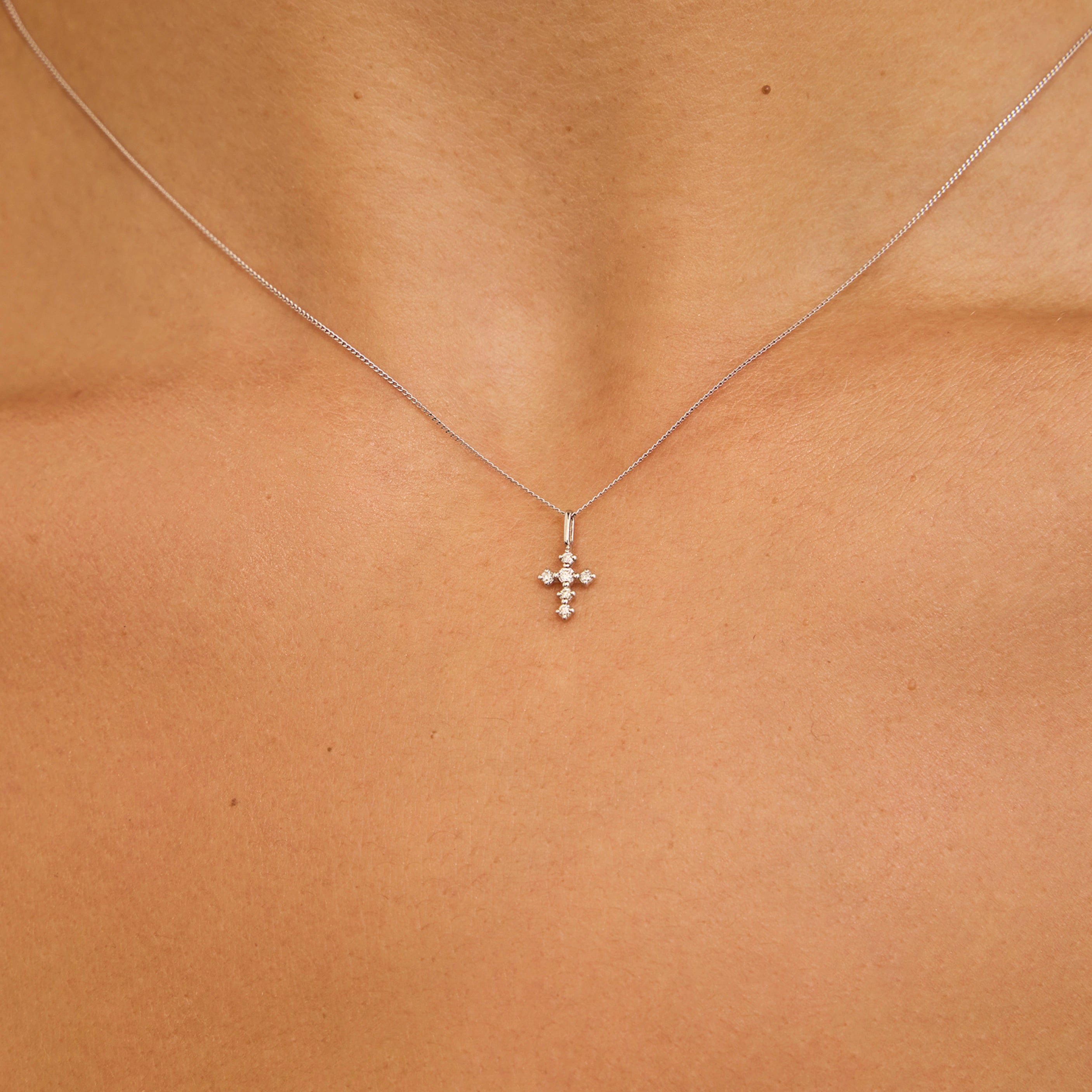 Solid White Gold Brilliant Genuine Diamond Tiny Cross Necklace