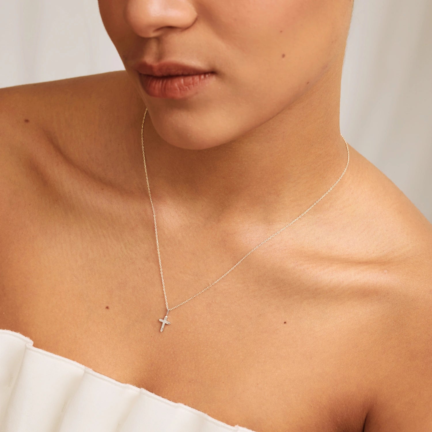 Solid White Gold Baguette Genuine Diamond Tiny Cross Necklace
