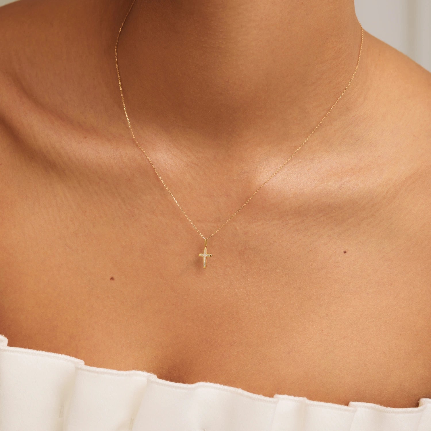 Solid Gold Baguette Genuine Diamond Tiny Cross Necklace