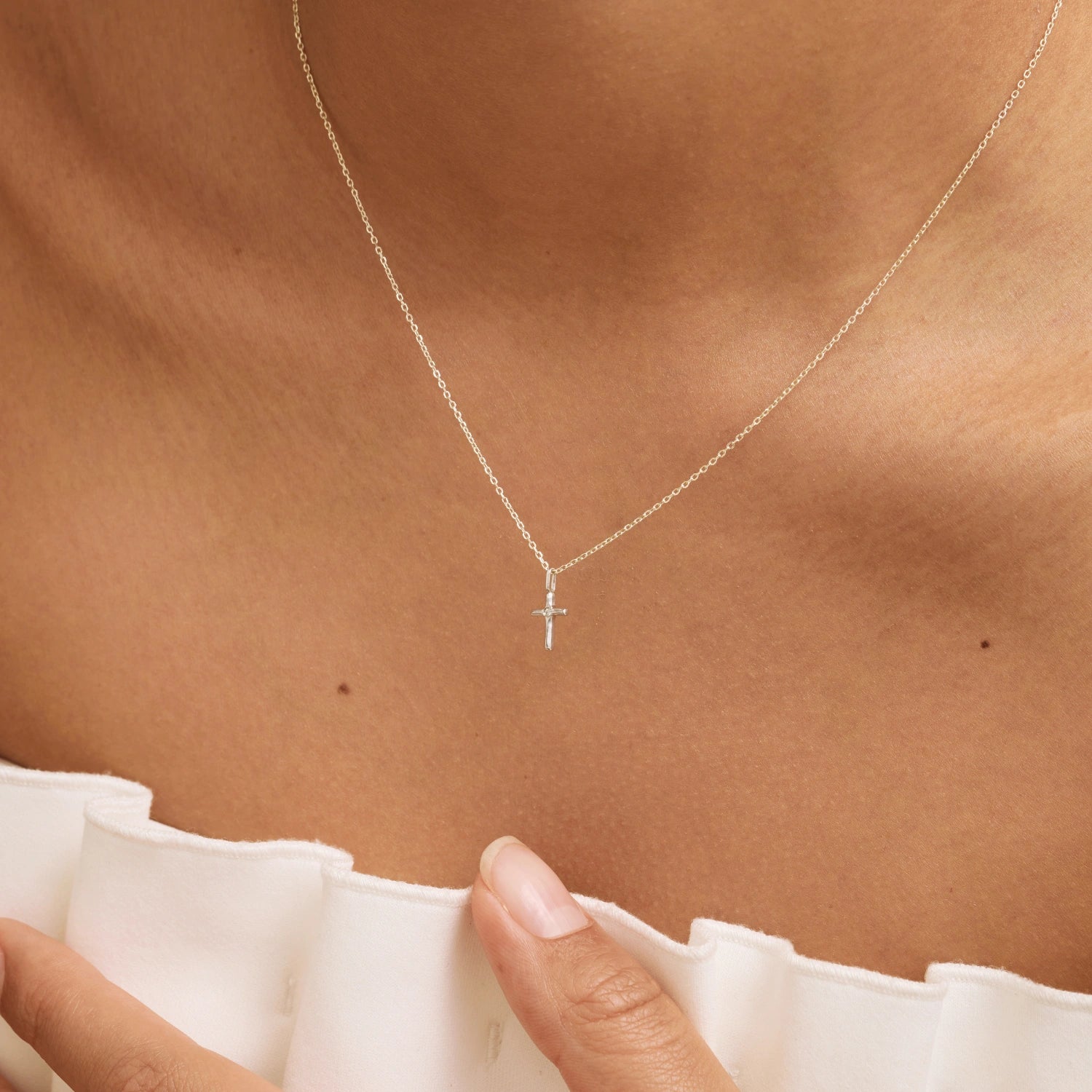 Solid White Gold Single Genuine Diamond Tiny Cross Necklace