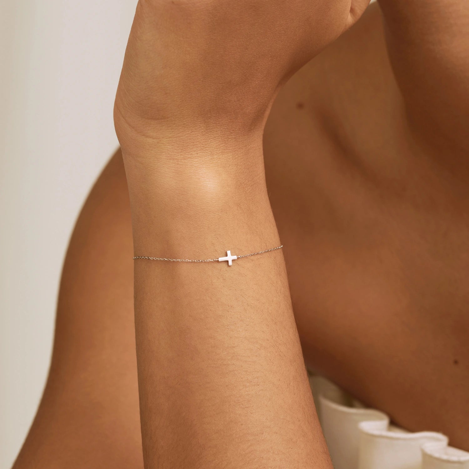 Solid White Gold Tiny Cross Bracelet
