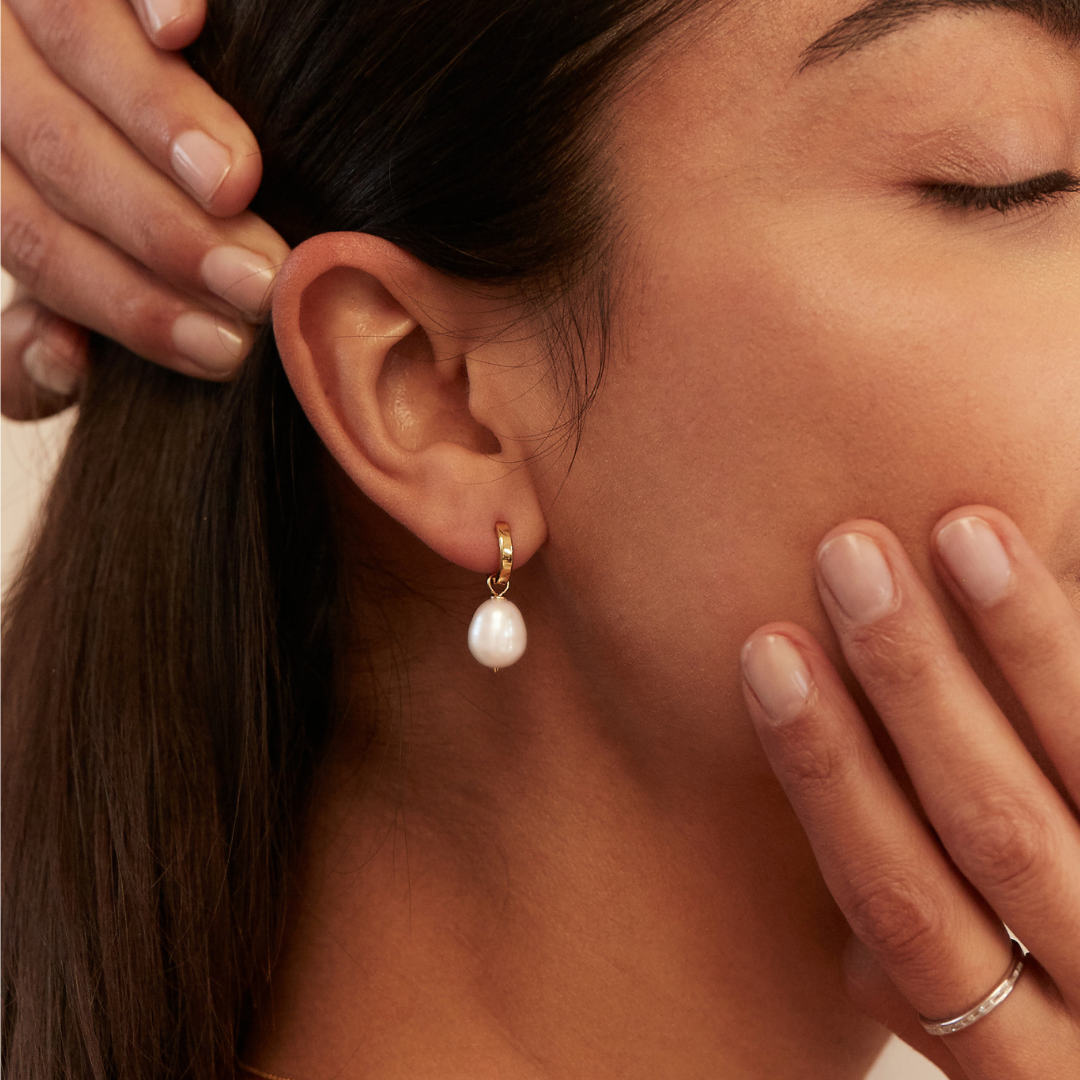 Gold Plain Huggie Pearl Drop Hoop Earrings