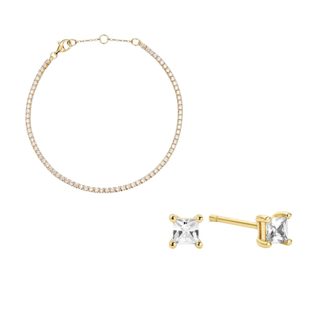 Gold Tennis Bracelet and Princess Diamond Style Stud Earrings Gift Set