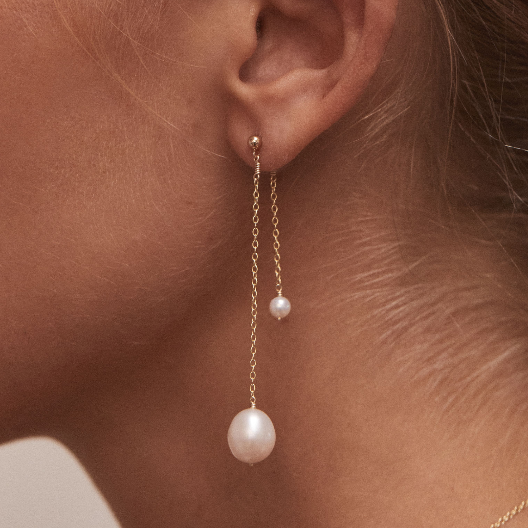Solid White Gold Layered Large and Small Pearl Earrings