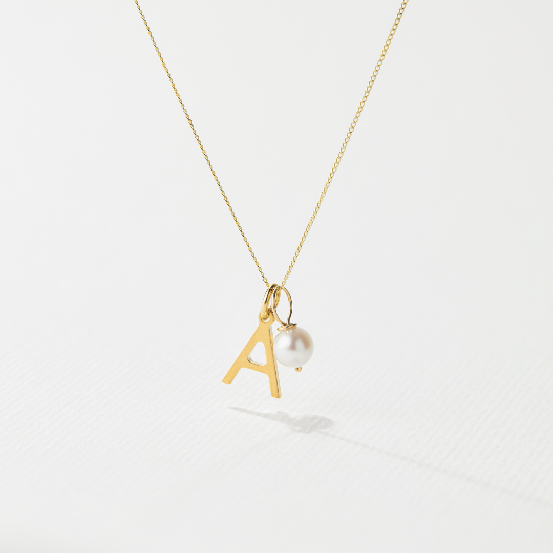 Solid Gold Initial and Pearl Drop Necklace