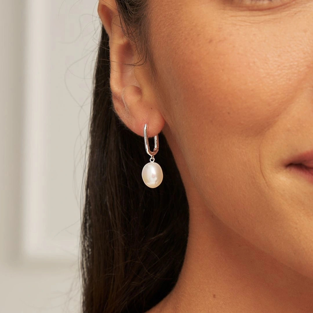 Silver Squared Hoop Baroque Pearl Drop Earrings