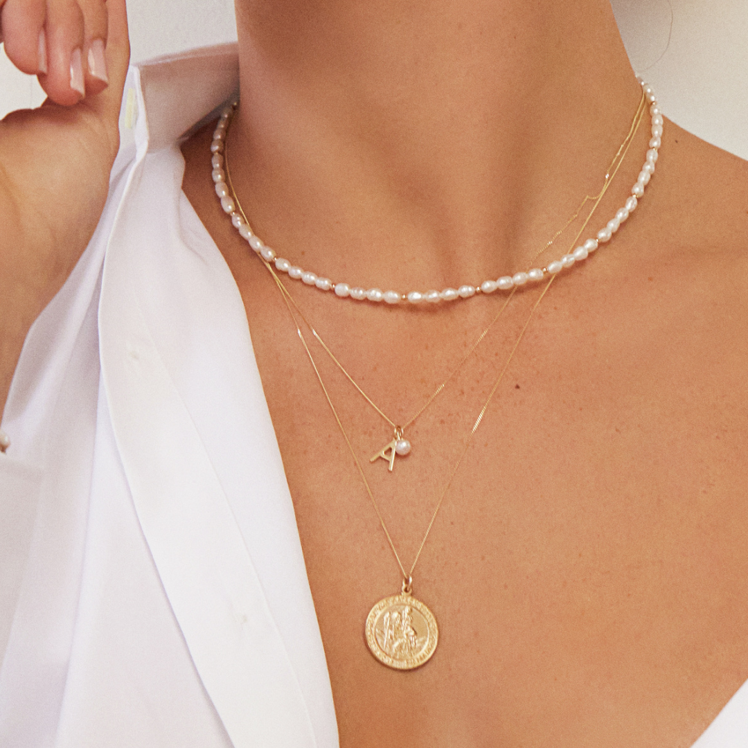 Solid Gold Initial and Pearl Drop Necklace