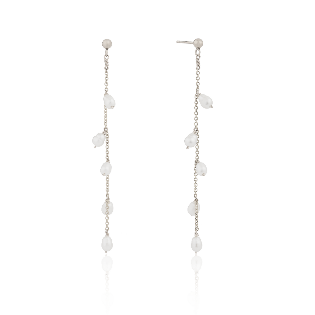 Solid White Gold Seed Pearl Drop Earrings