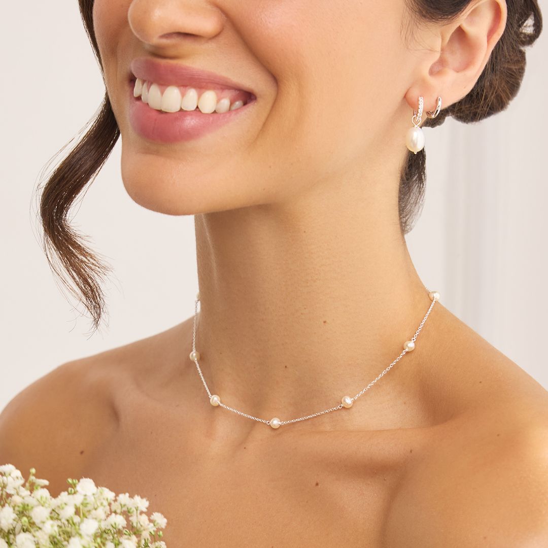 Silver Pearl Drop Huggies and Ten Pearl Choker Gift Set
