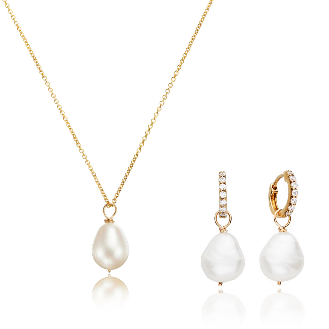 Gold Pearl Drop Huggies and Large Pearl Necklace Set