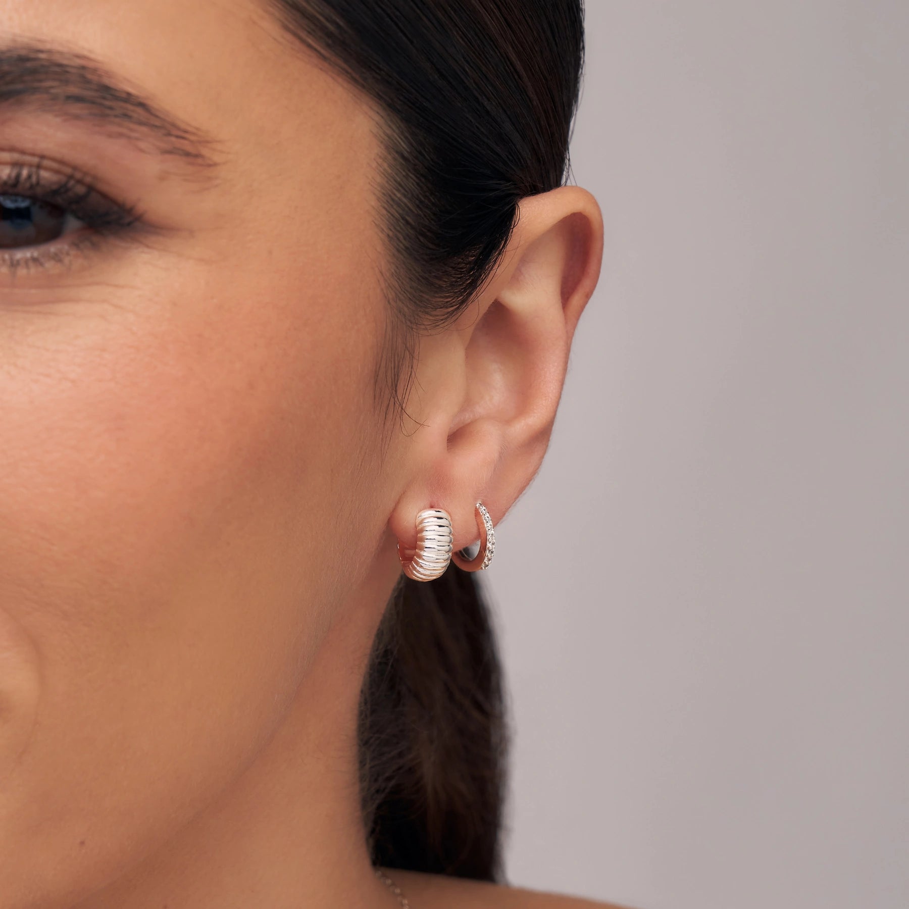 Silver Ribbed Texture Huggie Hoop Earrings