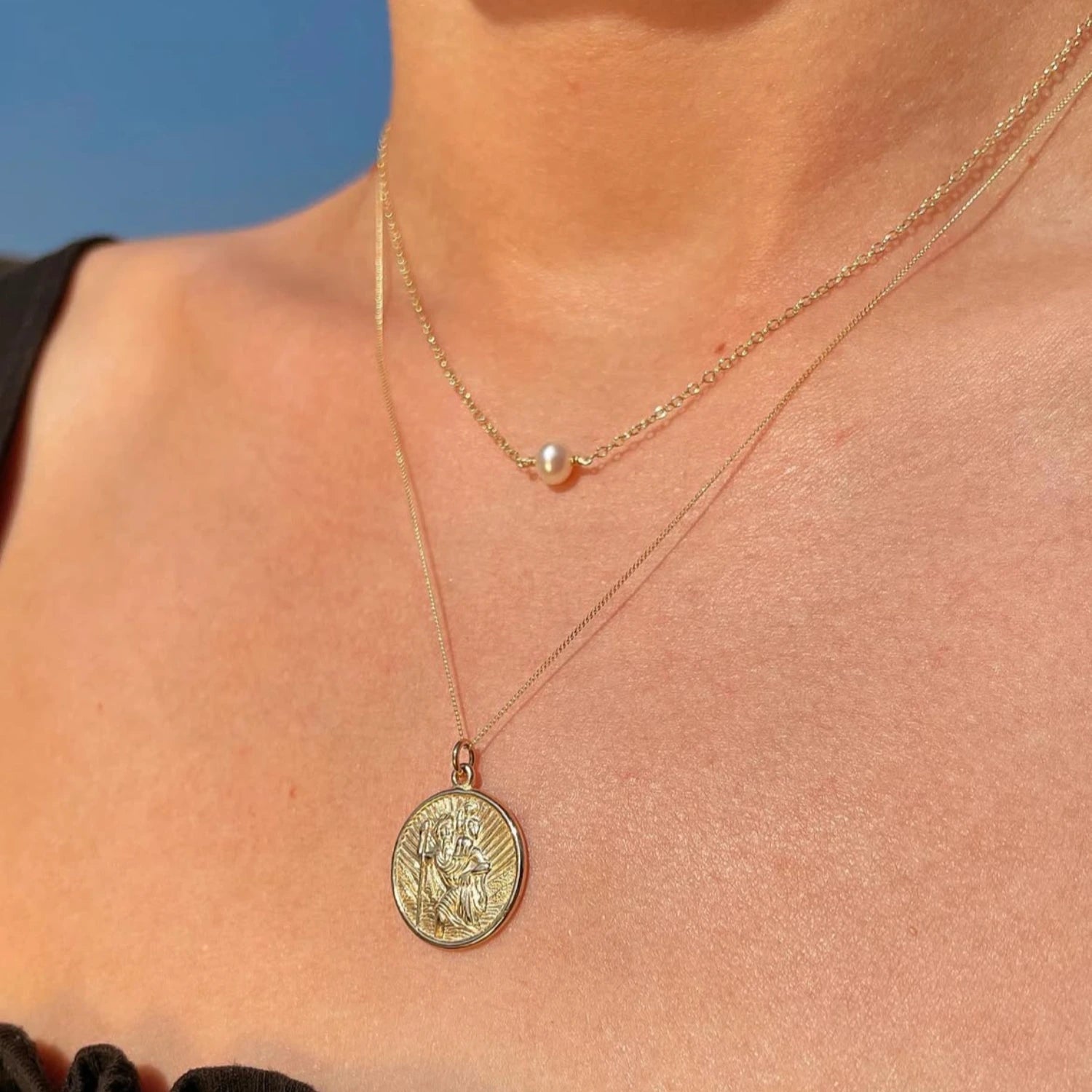 Solid Gold Medium Round St Christopher Necklace