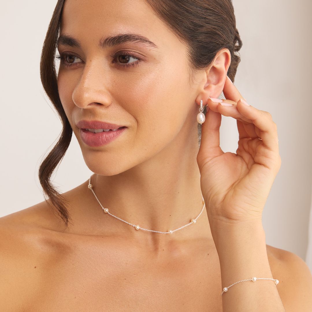 Silver Huggie Pearl Drop Earrings