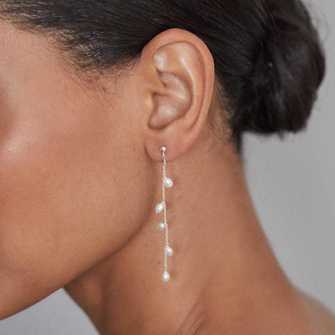 Solid White Gold Seed Pearl Drop Earrings