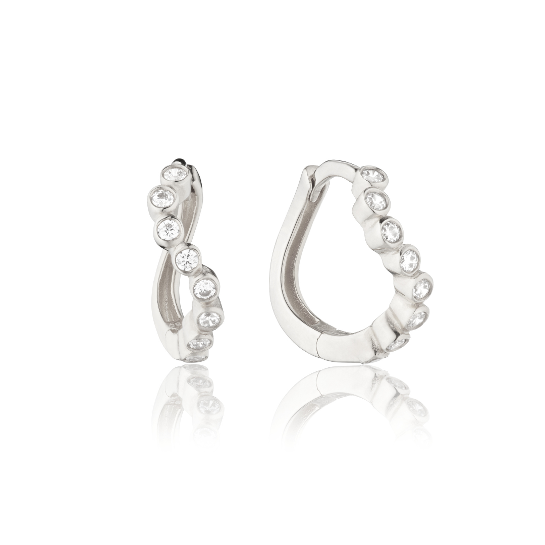 Silver Diamond Style Wave Huggie Hoop Earrings