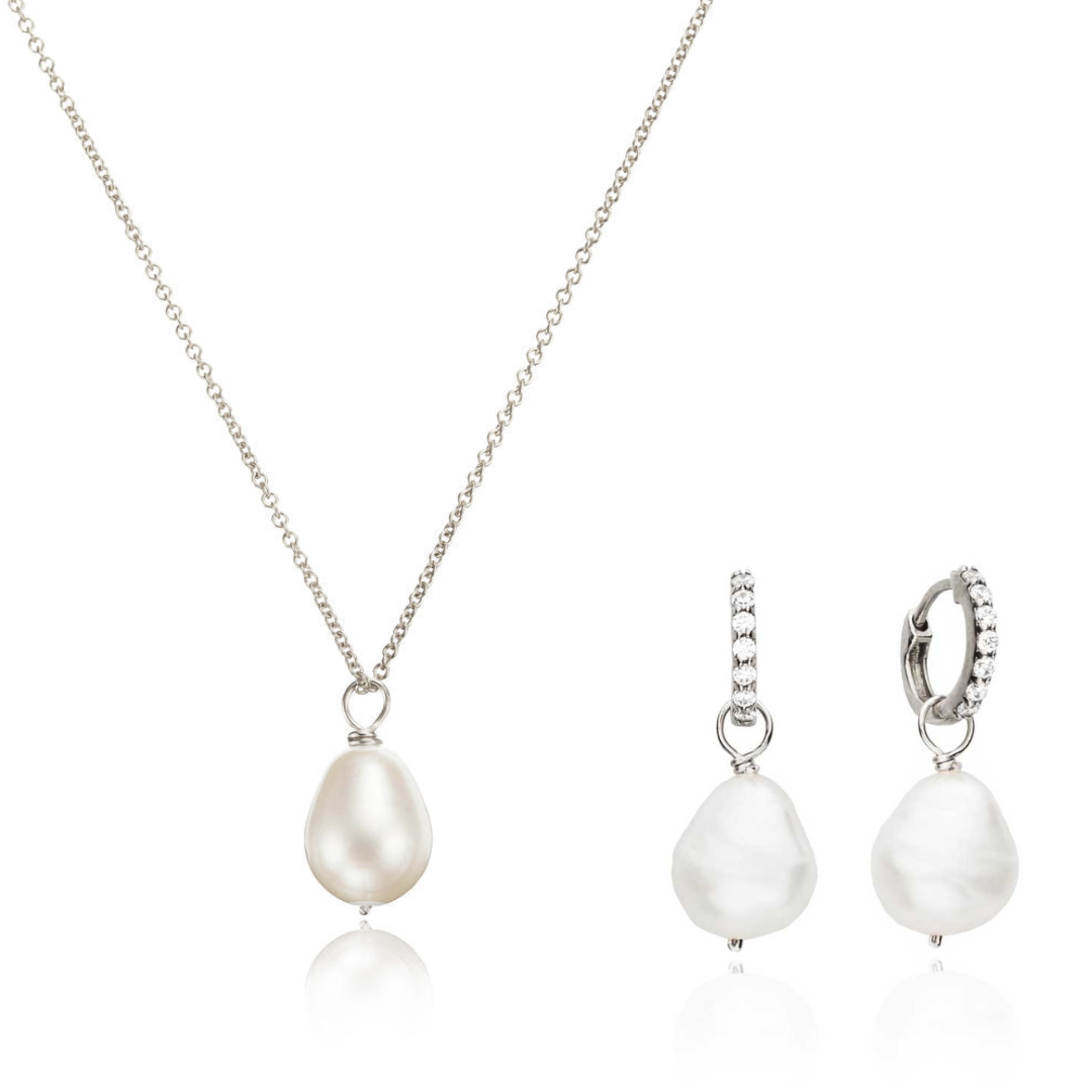 Silver Pearl Drop Huggies and Large Pearl Necklace Set